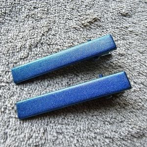 2 Hair Clips Blue Holo Iridescent Accessories Barrettes Hand Painted Indie